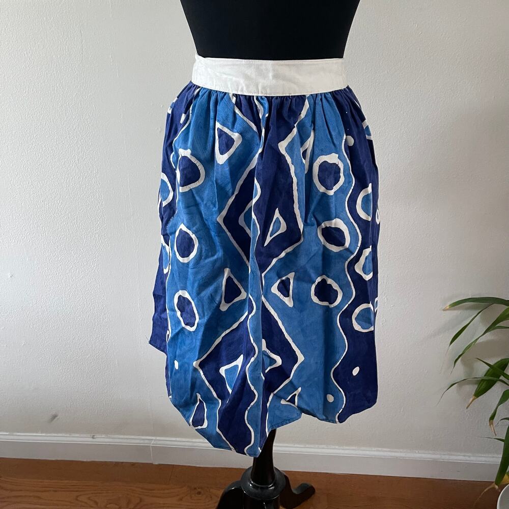 Handmade Blue White Geometric Batik Half Apron 51" Tie Waist One Size Boho